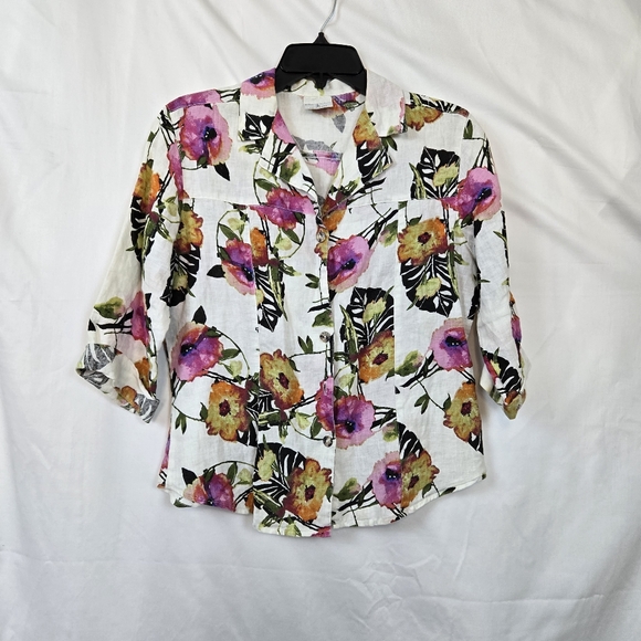 Click by Color Me Cotton Women White Floral 3/4 Sleeve Button Down Linen Shirt S - Picture 1 of 8